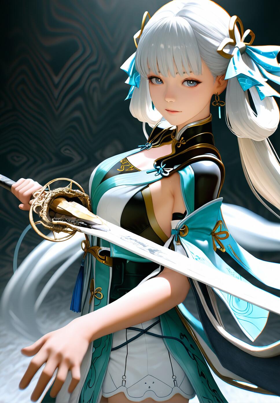 A photorealistic portrait of Jinhsi from Wuthering Waves holding a sword with dramatic lighting and shadows.