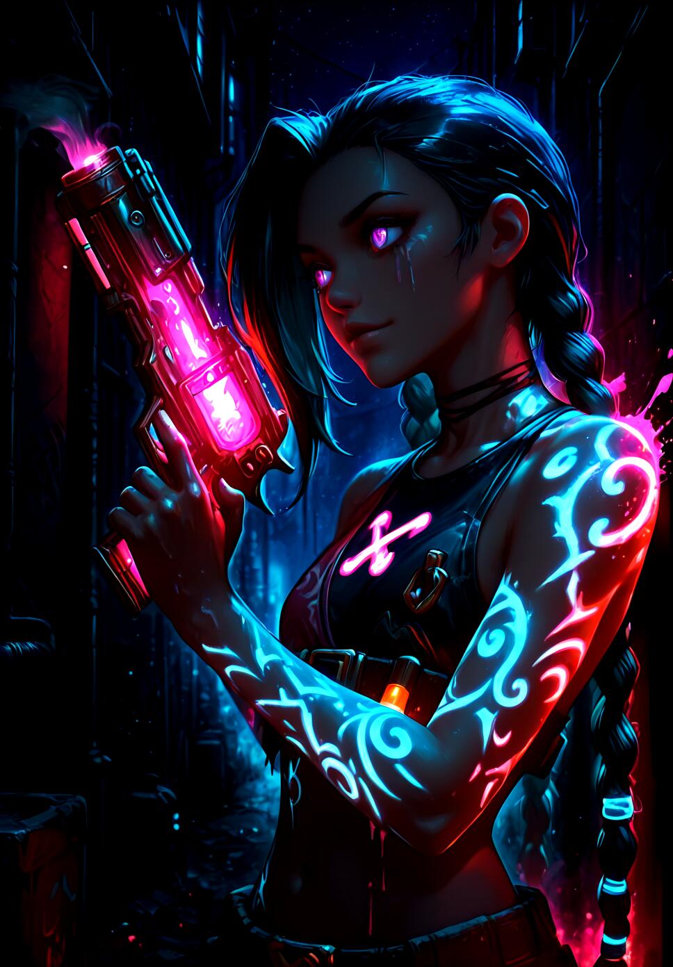 Jinx from League of Legends in a dark, neon-lit cyberpunk alleyway, featuring blue braids, glowing purple eyes, and holding a luminous gun with paint splash effects.