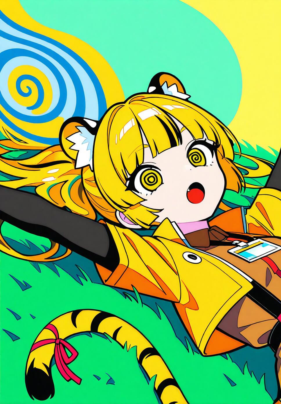 A vibrant illustration of the character Ju Fufu from Zenless Zone Zero lying on bright green grass with a dizzy expression, featuring tiger ears and a yellow jacket.
