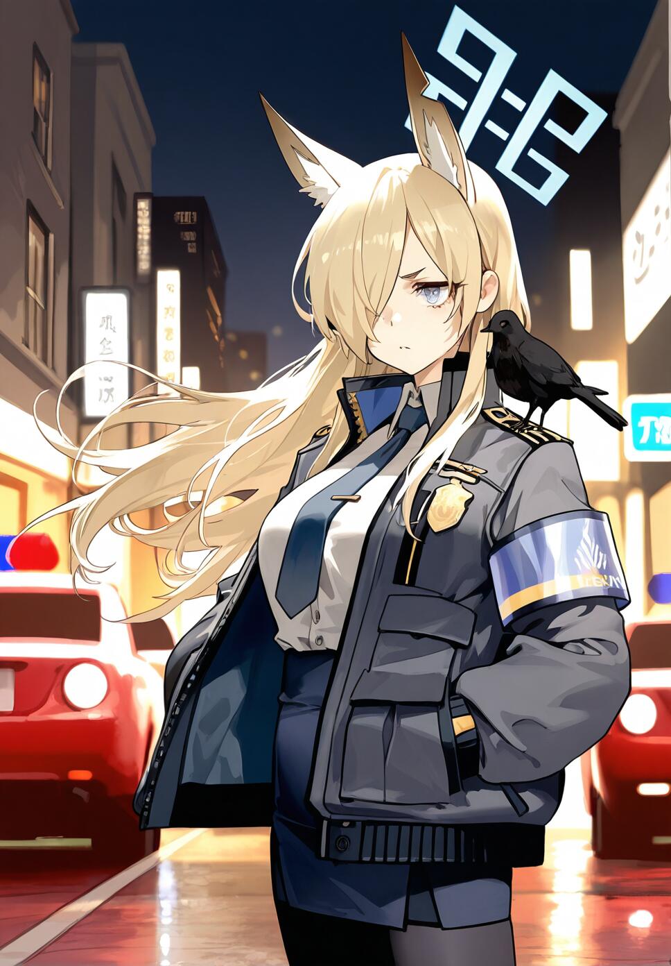 Kanna from Blue Archive wearing a blue police uniform with dog ears, standing on a blurred city street at night with a bird on her shoulder.