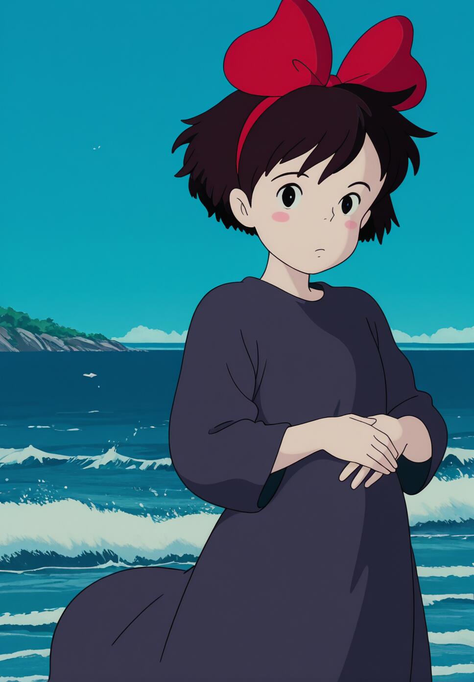 Kiki from Kiki's Delivery Service standing by the vast ocean waves wearing her signature black dress and hair bow.