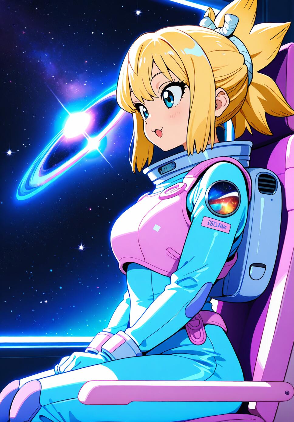 Kohaku from Dr. Stone wearing an intricate space suit, looking out a spaceship window at a pastel-colored galaxy and stars.