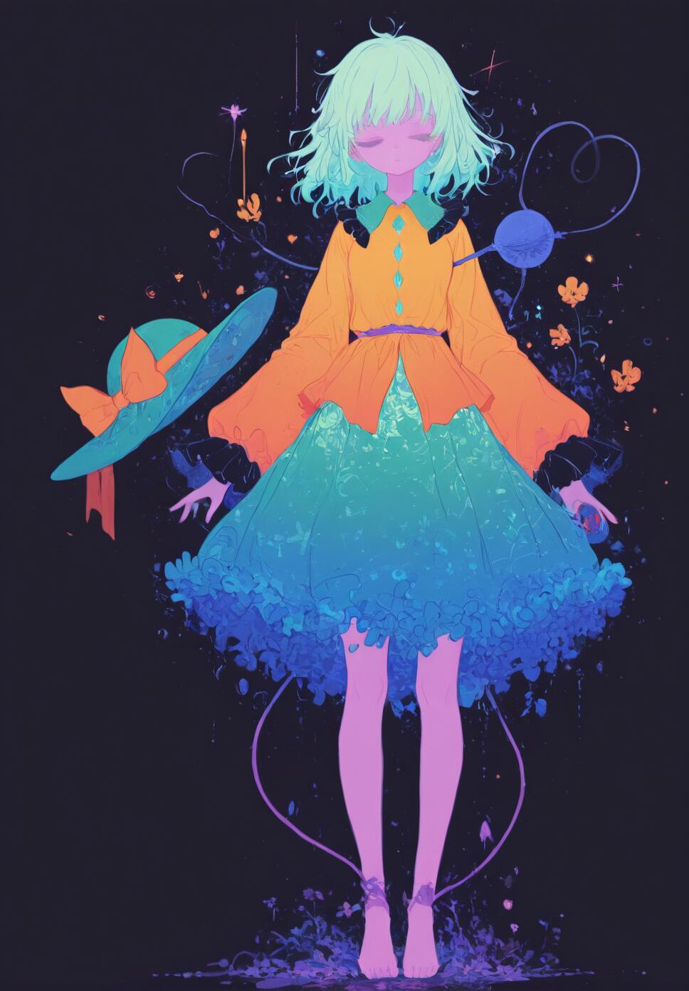 A high-quality flat vector illustration of Kimeiji Koishi from Touhou Project, featuring a green hat, yellow frilled shirt, and a glowing third eye amidst bubbles and flowers.