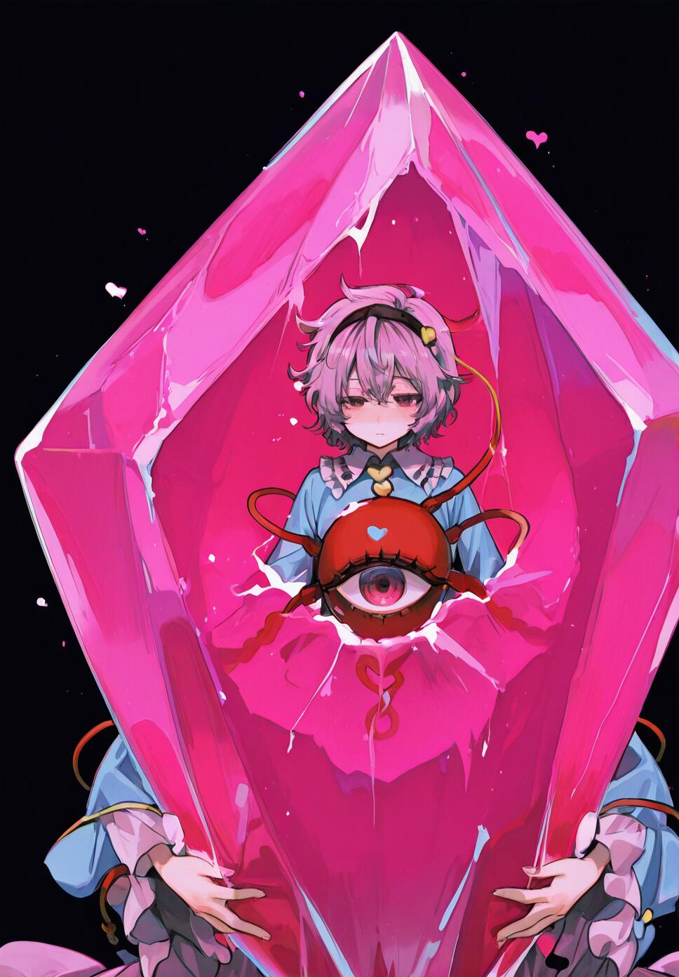 Komeiji Satori from Touhou Project enclosed within a large, glowing green heart-shaped crystal, featuring pink hair and her third eye.