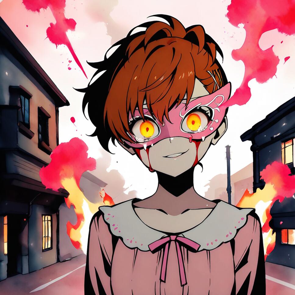 A dramatic watercolor painting of Kotone Shiomi from The Idolmaster Cinderella Girls, wearing a pink masquerade mask with glowing yellow eyes, blood tears, and a fiery, burning street background.