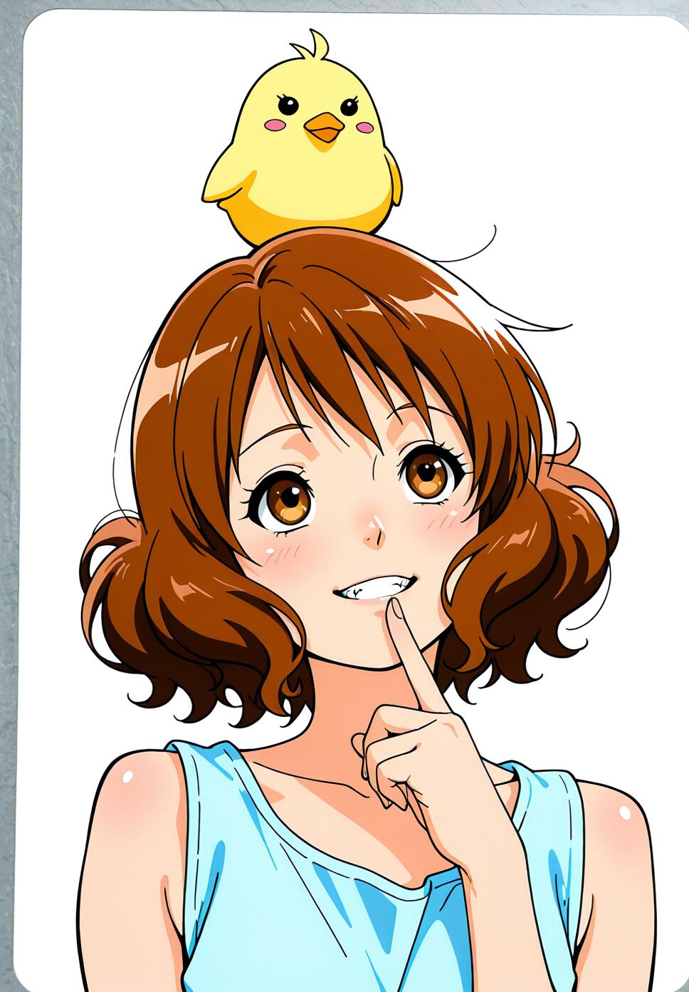 Kumiko Oumae from Hibike! Euphonium looking up with a toothy smile and a cute chick on her head, drawn in Naruto art style.