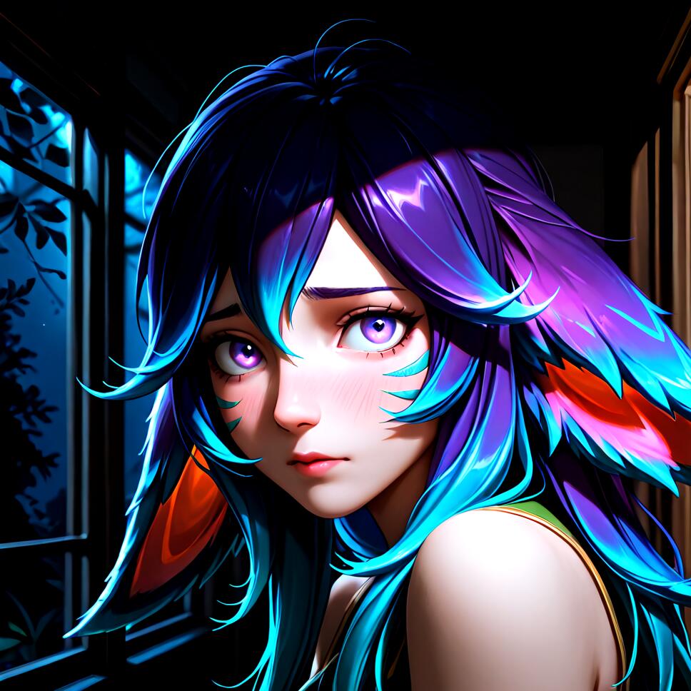 A realistic, detailed portrait of Lillia from League of Legends featuring purple and blue hair and long ears, standing in a dark, magical enchanted forest with volumetric lighting.
