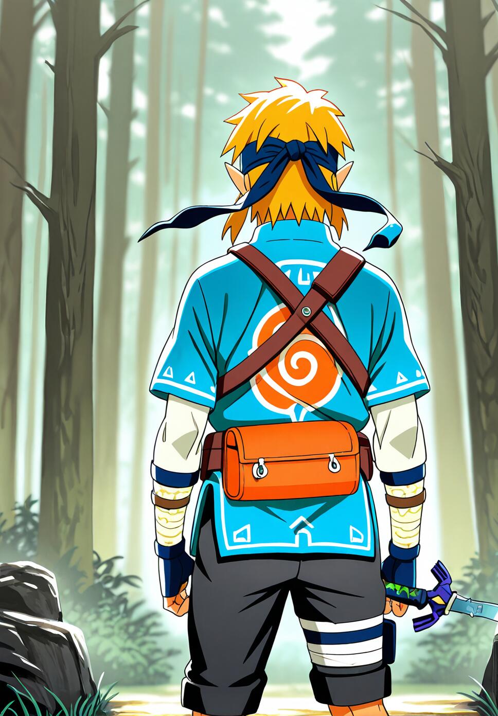 Link from The Legend of Zelda wearing Naruto Uzumaki's ninja outfit and headband, standing in a forest with the Master Sword visible on his back.
