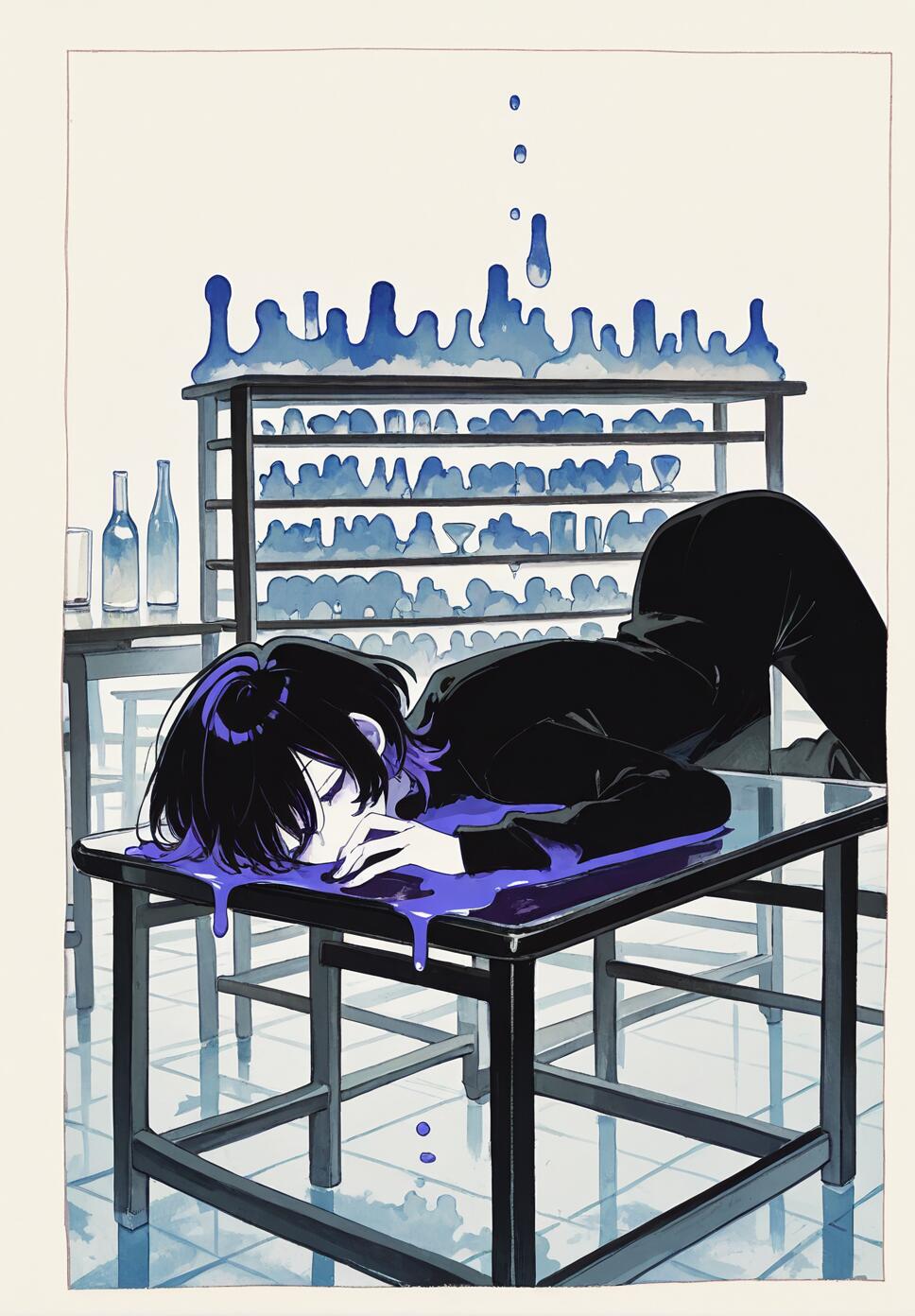An abstract watercolor painting of a sleepy androgynous silhouette lying on a stack of tables, featuring vibrant ultraviolet tones, melting borders, and glass floor reflections.