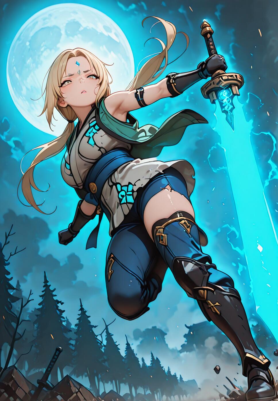 A cinematic silhouette of Tsunade from Naruto against a large glowing blue moon, featuring a green energy aura, a jagged glowing weapon, and dark forest ruins.