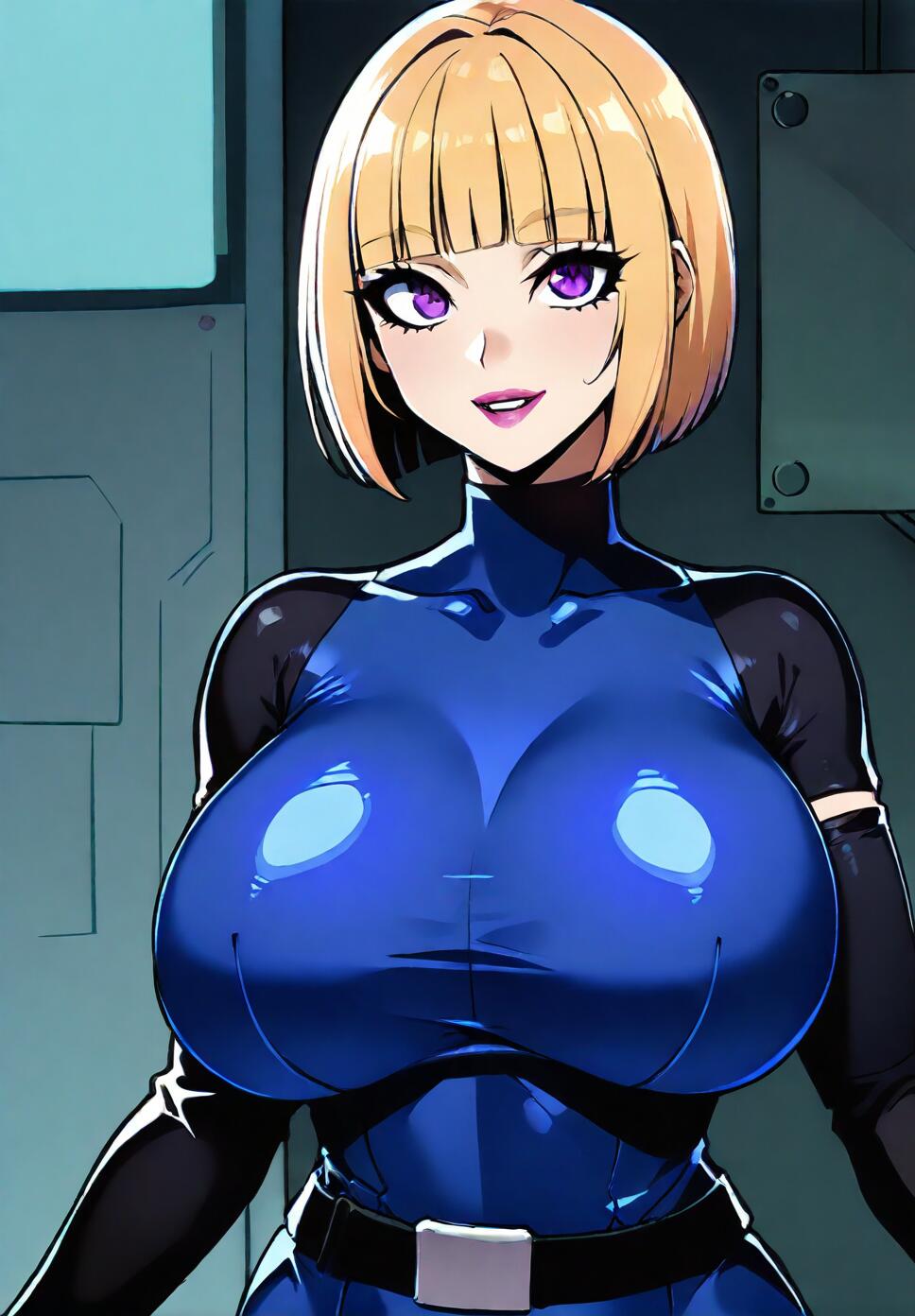 Close-up portrait of Maddie Fenton from Danny Phantom in a laboratory setting wearing a blue bodysuit and black turtleneck.