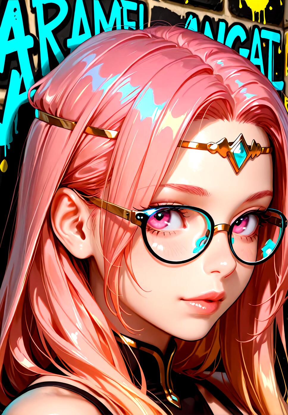 Detailed portrait of a woman with deep pink eyes, caramel hair, eyeglasses, and a circlet against a colorful graffiti wall.