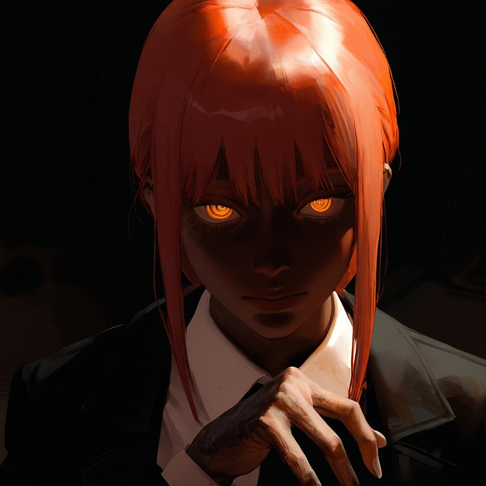 A realistic and dark-themed close-up of Makima from Chainsaw Man, featuring her signature ringed eyes and a moody, textured atmosphere.