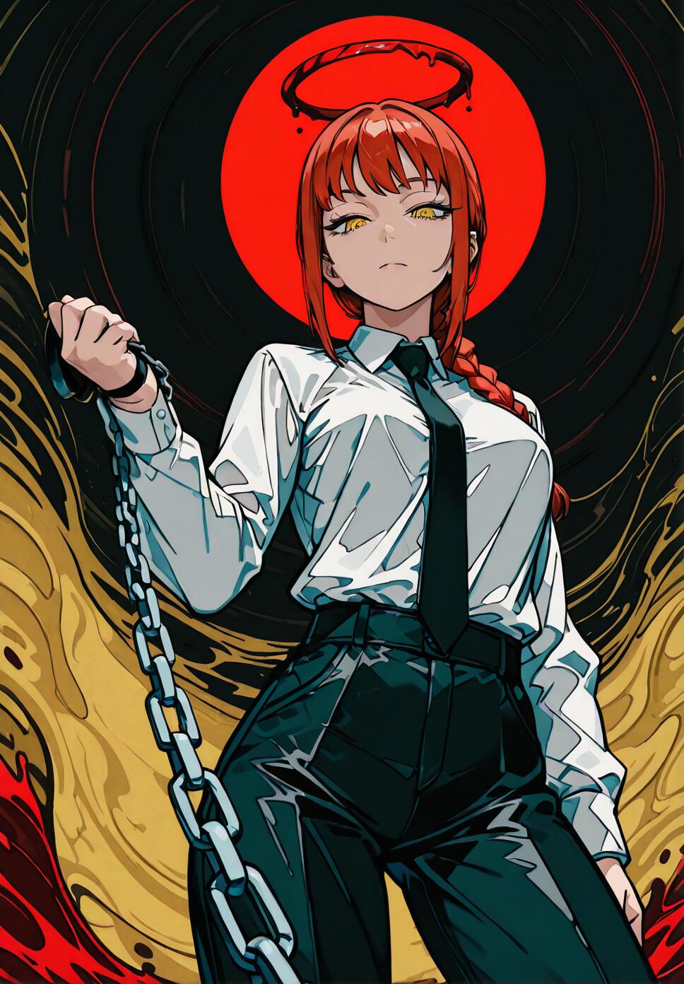 An abstract, high-contrast illustration of Makima from Chainsaw Man, featuring red hair, ringed eyes, and a white collared shirt amidst geometric shapes and a red and black background.