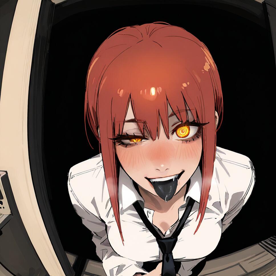 A fisheye lens portrait of Makima from Chainsaw Man, featuring her signature ringed yellow eyes, a smug expression, and a dark, yandere-themed atmosphere.