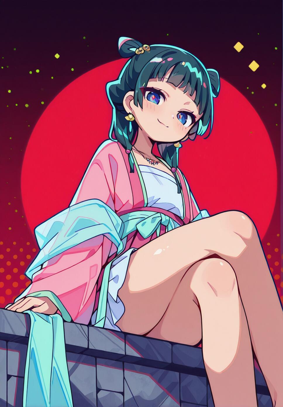 Maomao from The Apothecary Diaries sitting on a wall at night, wearing a pink hanfu and intricate jewelry under the moonlight.