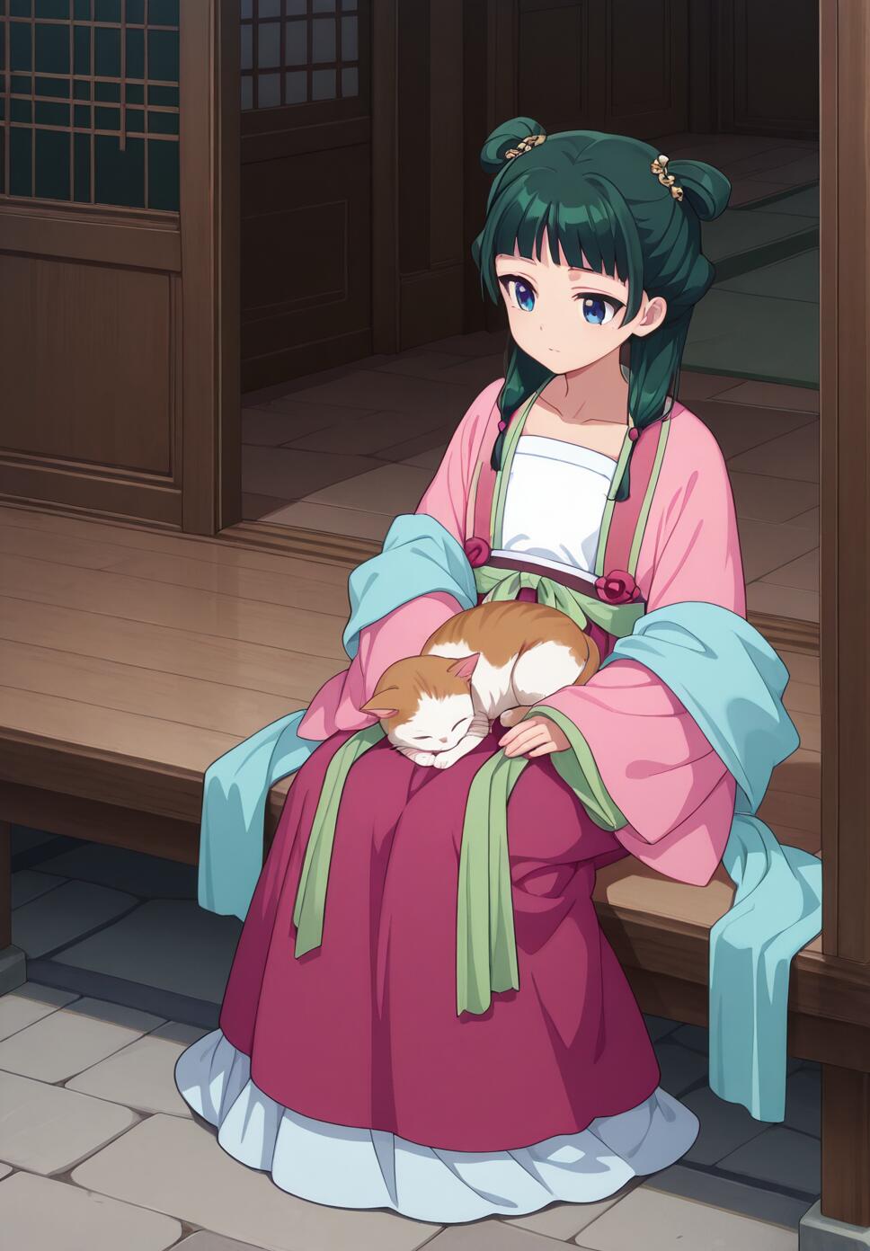 Maomao from The Apothecary Diaries wearing a pink hanfu and sitting on a porch with a sleeping kitten on her lap.