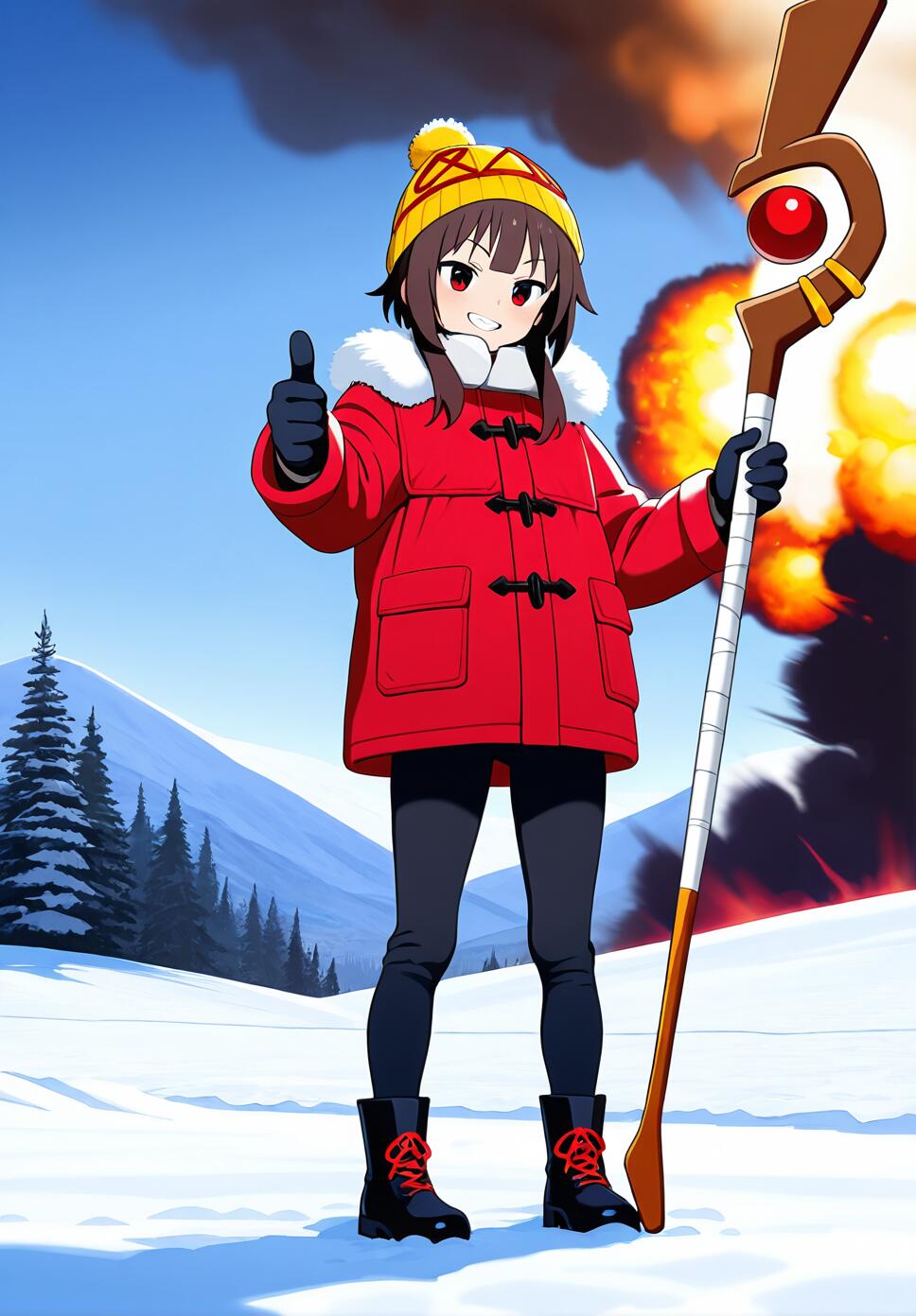 Megumin from Konosuba wearing winter clothes and holding her staff with a grin and thumbs up, featuring a massive explosion in a snowy background.