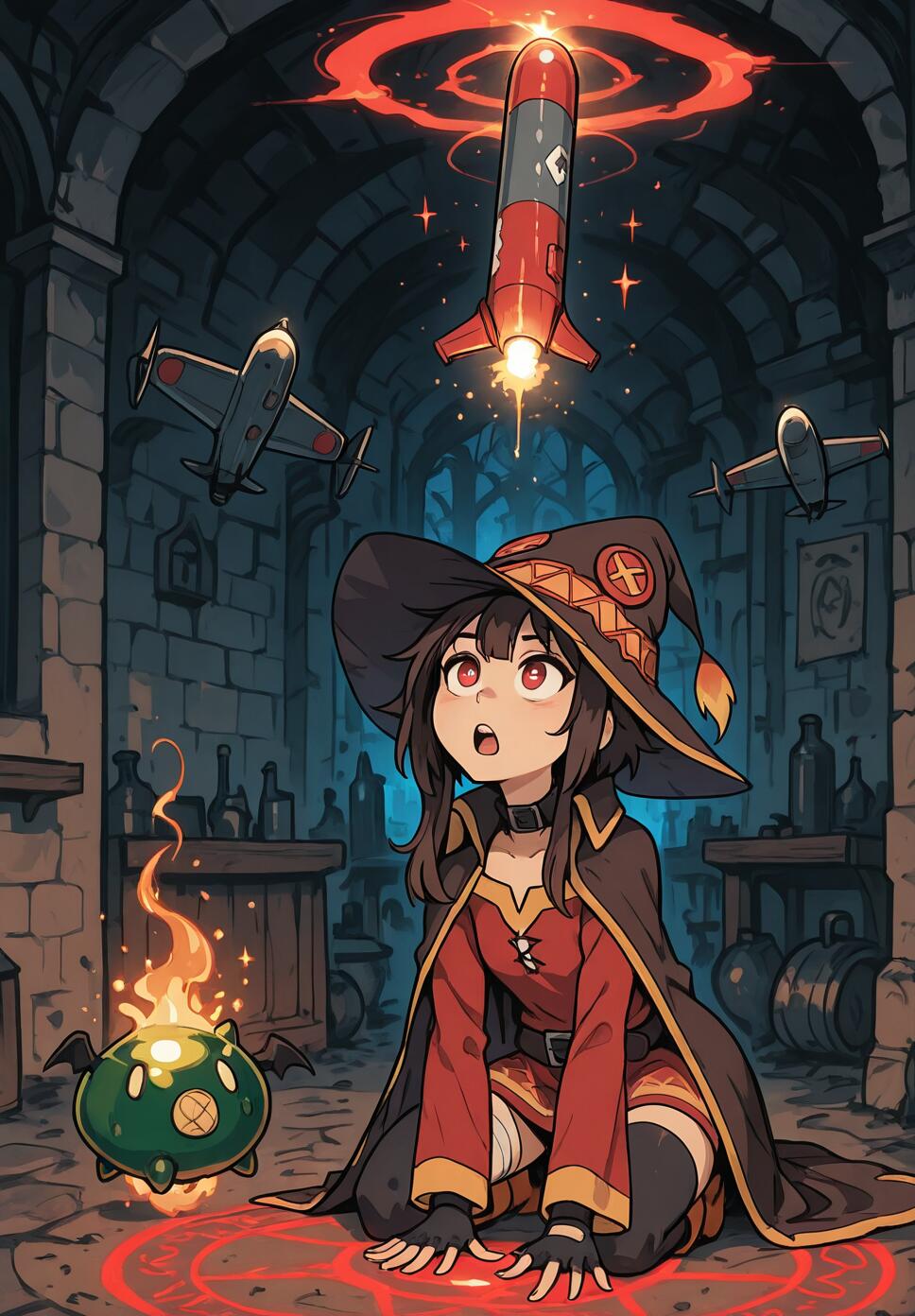 Megumin from Konosuba kneeling in a medieval tavern, summoning a large modern military missile via a glowing magical circle.