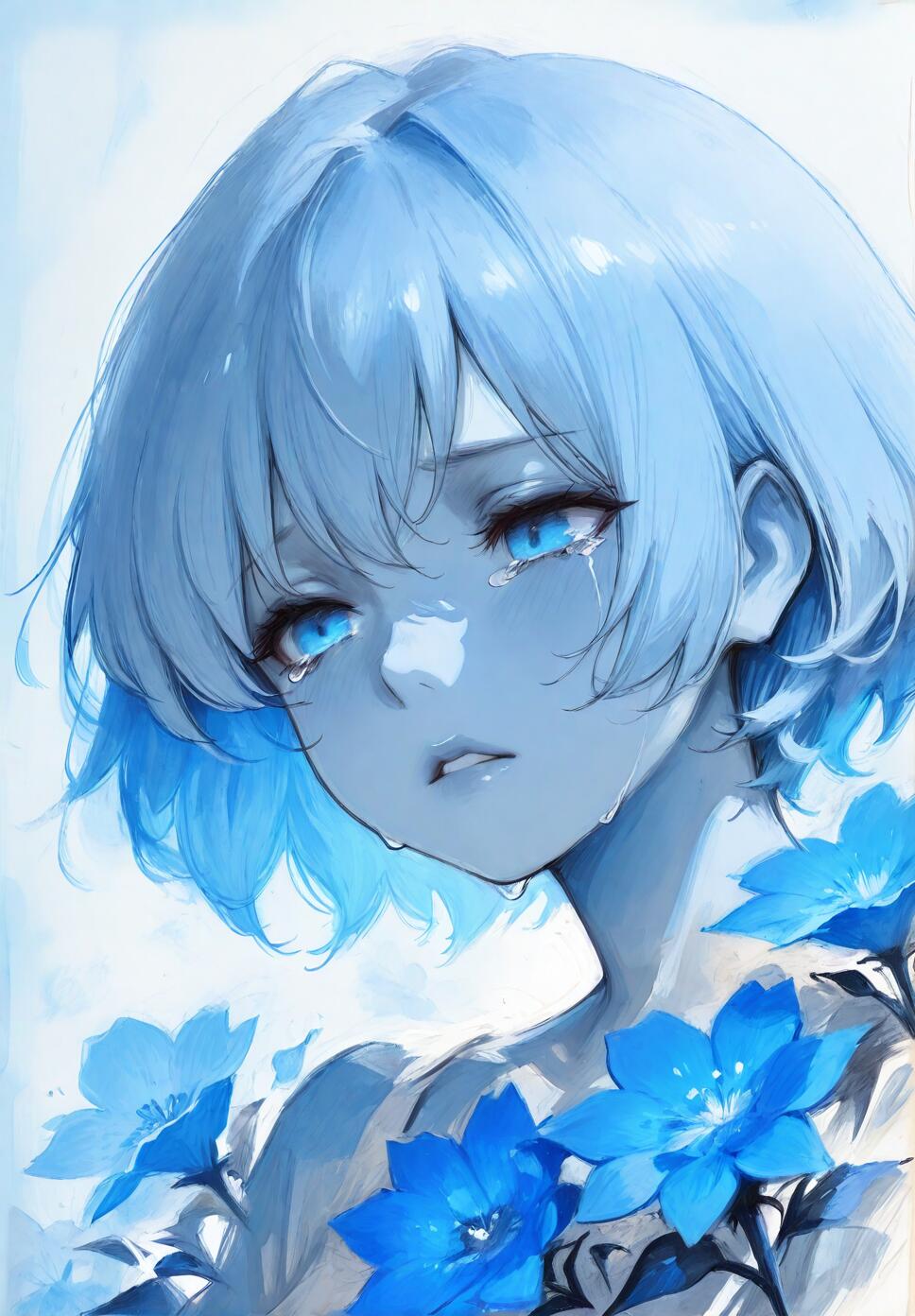 A close-up watercolor and graphite painting of a girl with short hair, blue eyes, and tears, featuring a blue flower in a monochrome blue theme.