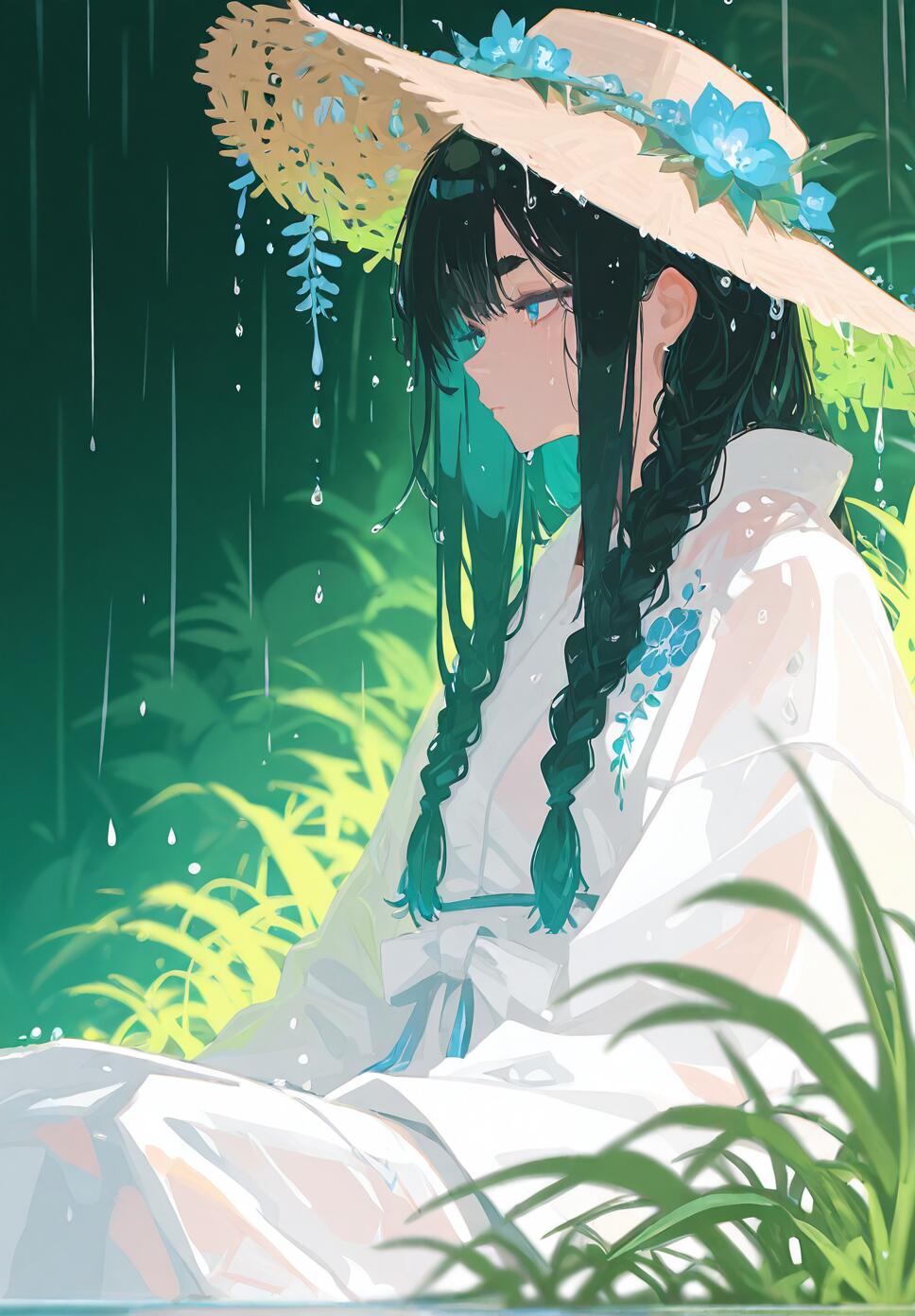 A woman with black braided hair and blue eyes sitting in the rain, wearing a white kimono with colorful floral embroidery and a straw hat.