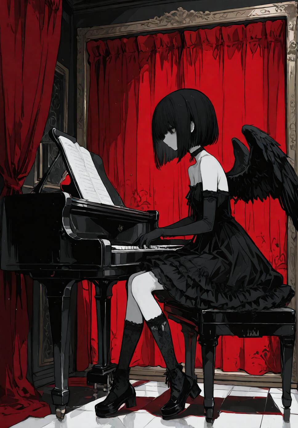 An elegant girl with a black bob cut and feathered wings playing a grand piano, framed by dark red curtains in a gothic art deco style.