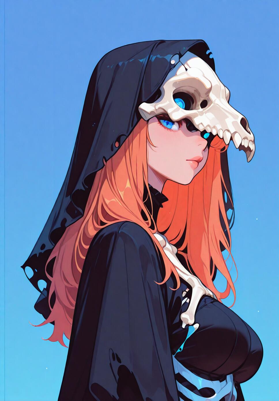 Retro anime illustration of a girl with long orange hair and blue eyes wearing a black torn dress and an animal skull mask.