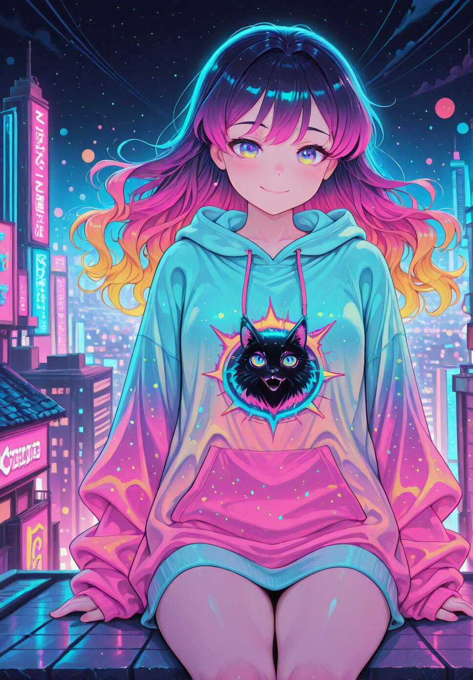 A girl with colorful wavy hair in an oversized hoodie sitting on a rooftop overlooking city lights at night.