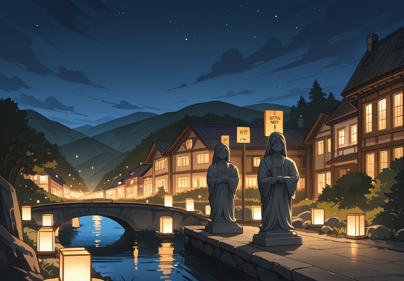 A stone statue and a sign positioned beside a dark, flowing river at night.