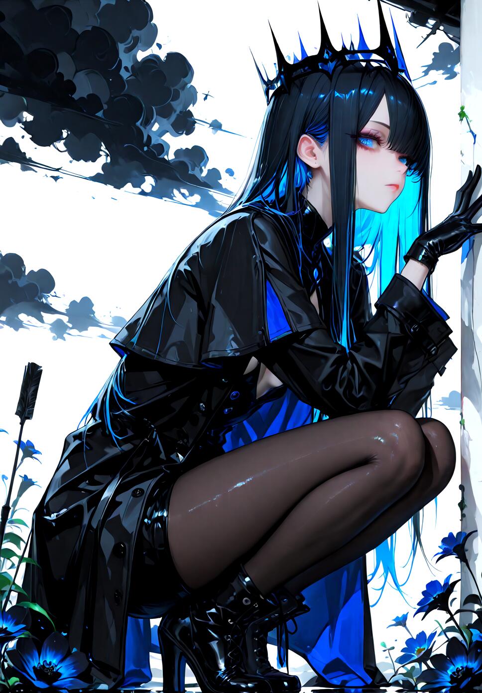 An expressionless girl with black and blue hair wearing a duster coat and gloves, sitting in a flower shop at night.