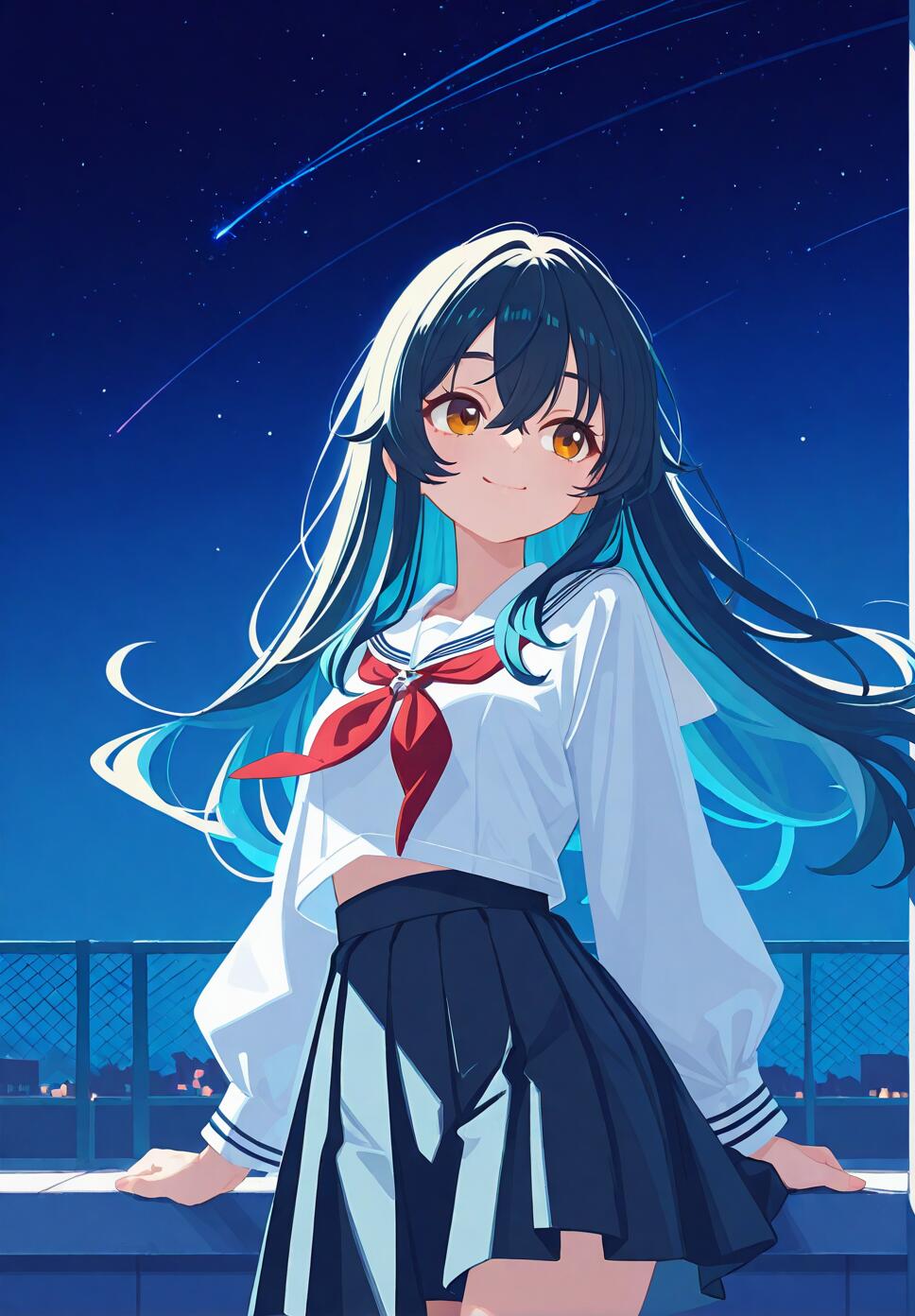 An anime-style girl with blue ombre hair and amber eyes standing on a school rooftop, gazing at a shooting star in a starry night sky.