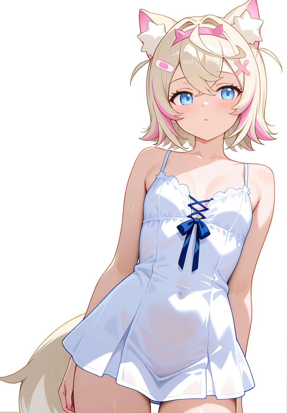 Mococo Abyssgard from Hololive English with blonde wavy hair, blue eyes, dog ears, and a white spaghetti strap dress.