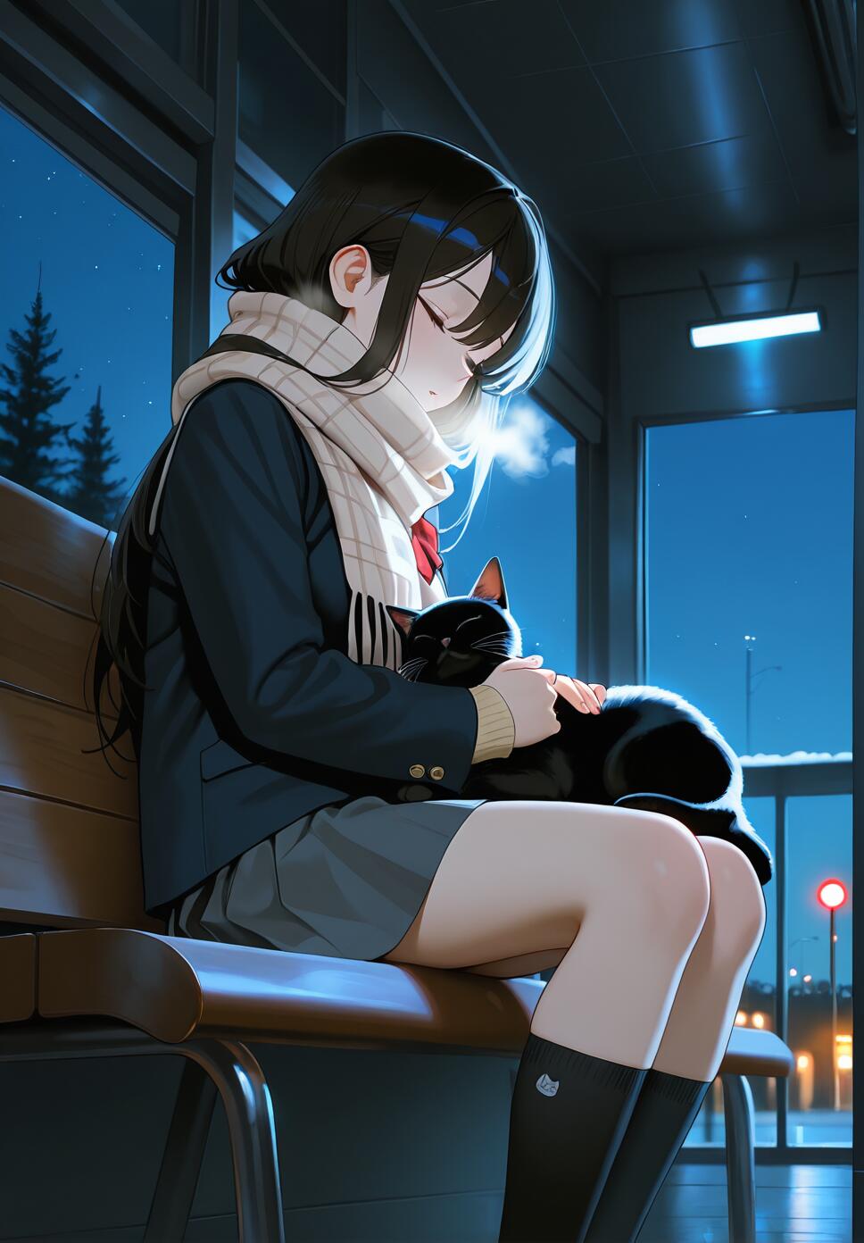 An anime-style girl with long hair wearing a school uniform and scarf, sitting under the moonlight while holding a sleeping black cat.