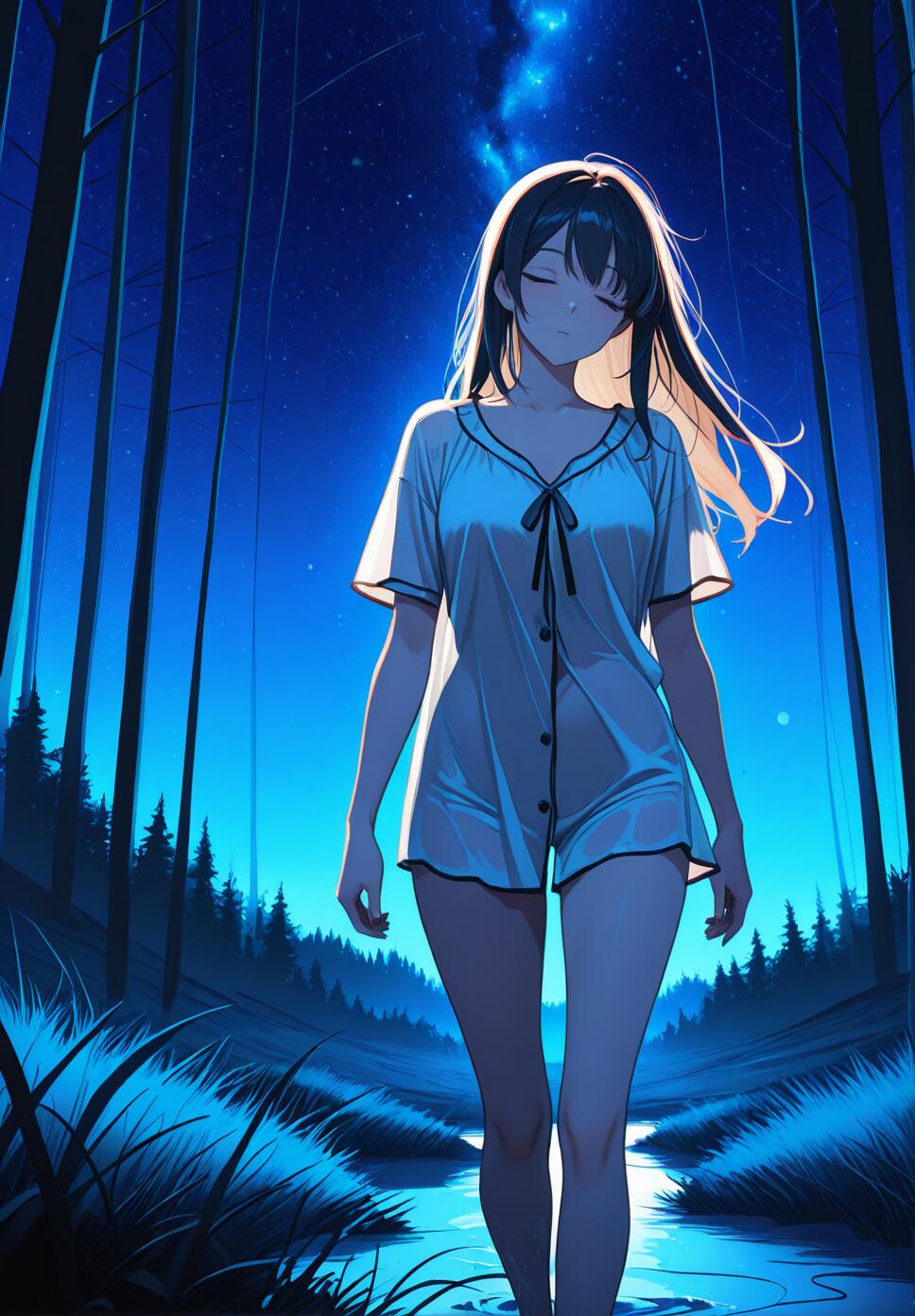 A disheveled woman with long, tangled hair standing in a field of tall grass under a starry night sky, wearing a sheer sleep shirt in a cinematic, moonlit setting.