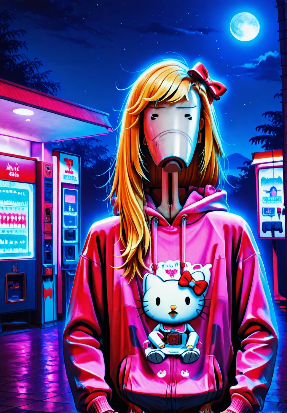 A blushing boy with pink and blonde asymmetrical hair wearing a baggy Hello Kitty hoodie, standing outside a gas station at night under the moon.