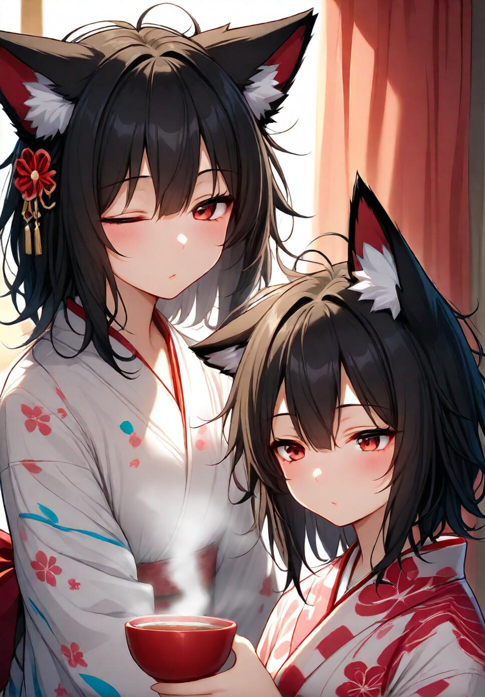 A sleepy fox girl with black hair, red eyes, and fox ears, wearing a print kimono and holding a steaming cup near a sunlit window with curtains.