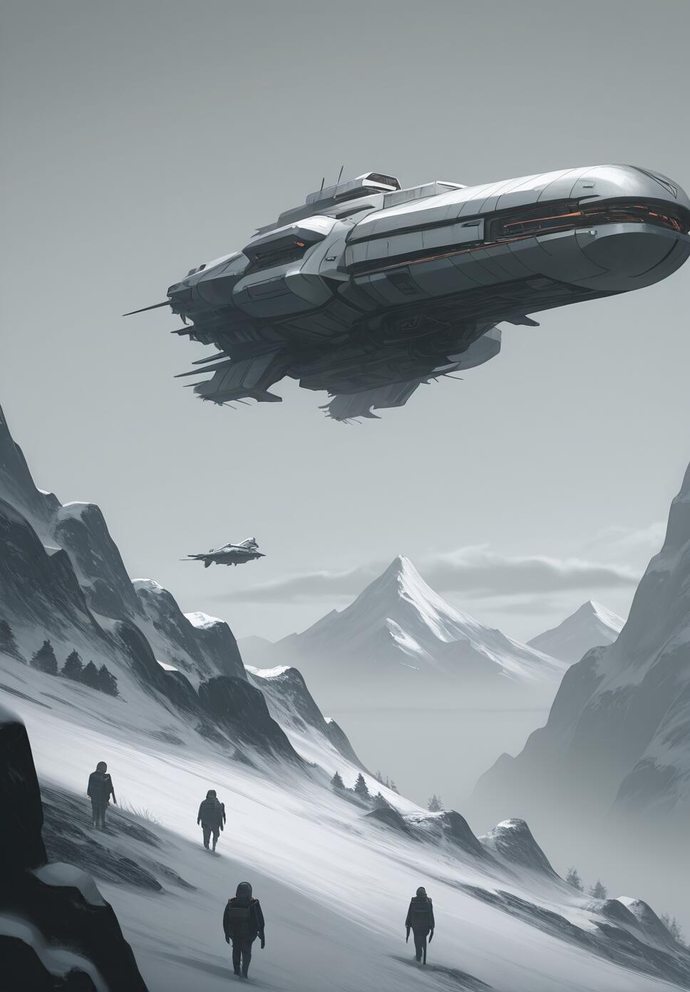 Retro-style sci-fi art depicting spacecraft flying over snowy mountains and futuristic buildings under a gloomy grey sky.