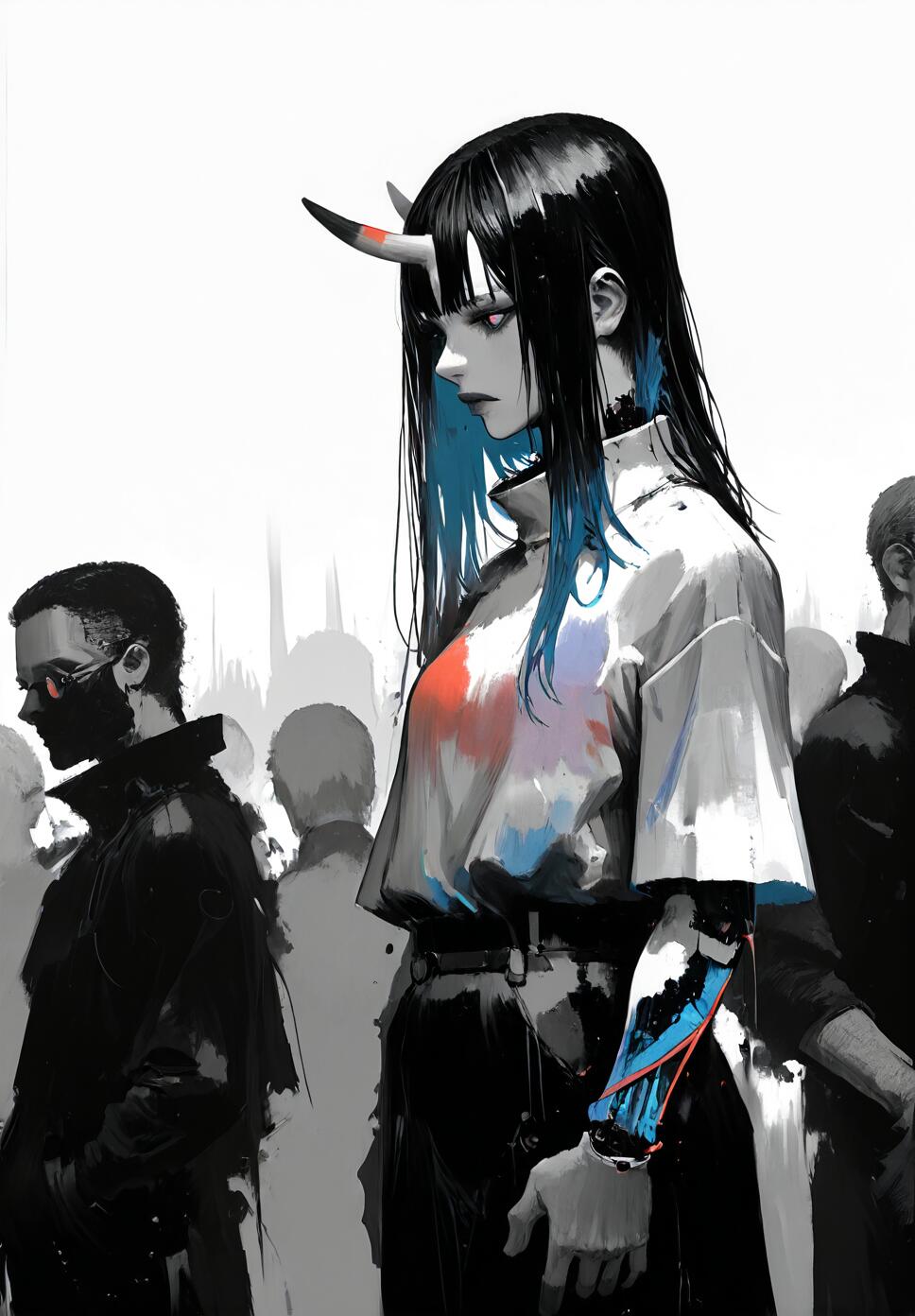 A side-profile digital painting of a metallic cybernetic Japanese female oni in a neon-lit cityscape, featuring high-contrast monochrome tones and intricate mechanical details.