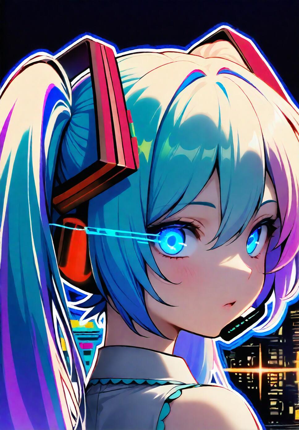 A colorful neon-style portrait of Hatsune Miku from Vocaloid with glowing eyes and glitch effects against a dark cityscape.