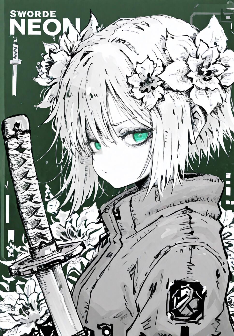 A flat vector illustration of a girl with short hair, glowing green eyes, and a katana, featuring neon green accents and white flowers.