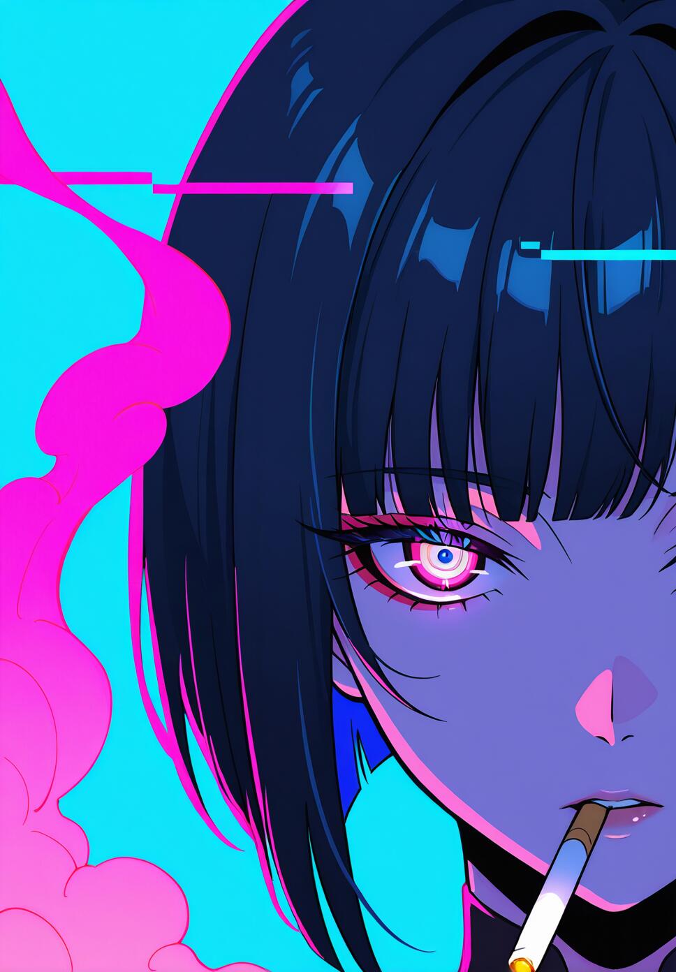 Close-up portrait of a blue-skinned cyberpunk woman with asymmetrical black hair, glowing eyes, and pink smoke trails in a neon-lit setting.