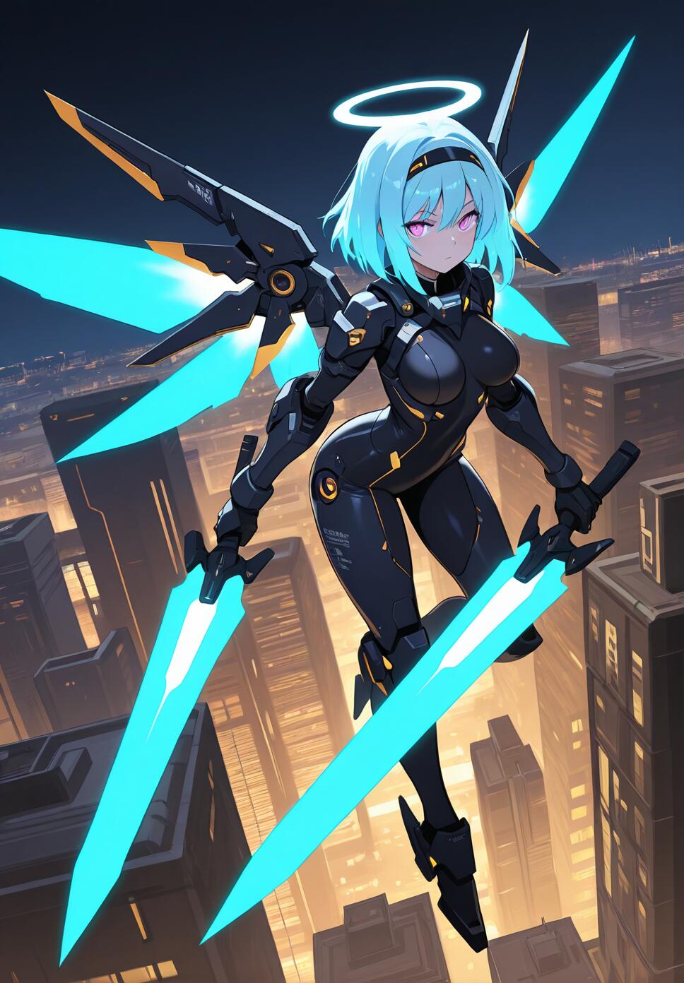 A flat vector illustration of a blue-haired mecha girl with purple eyes, wearing glowing sci-fi armor and mechanical wings, dual-wielding an energy sword and gun in a dark, neon-lit cyberpunk city.