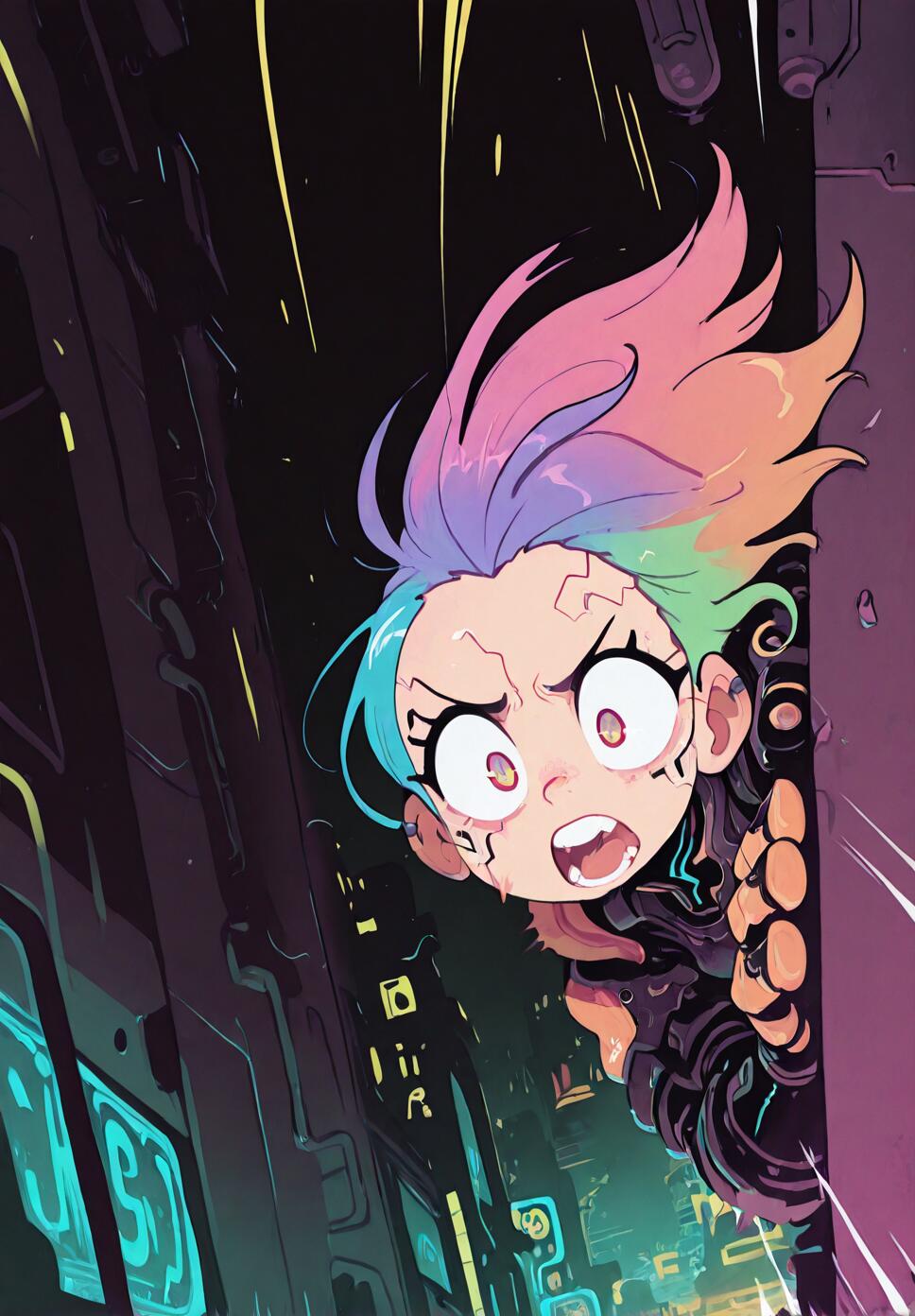 A dynamic flat vector illustration of a girl with multicolored hair in a cyberpunk urban environment with speedlines indicating fast movement.