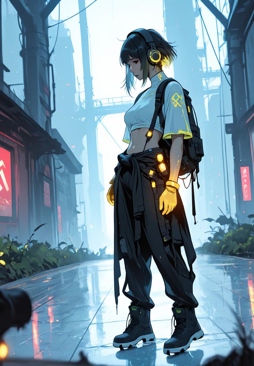 A girl in a crop top and waist-tied overalls skateboarding through a dark, futuristic industrial environment with glowing neon speed trails and a large tech backpack.