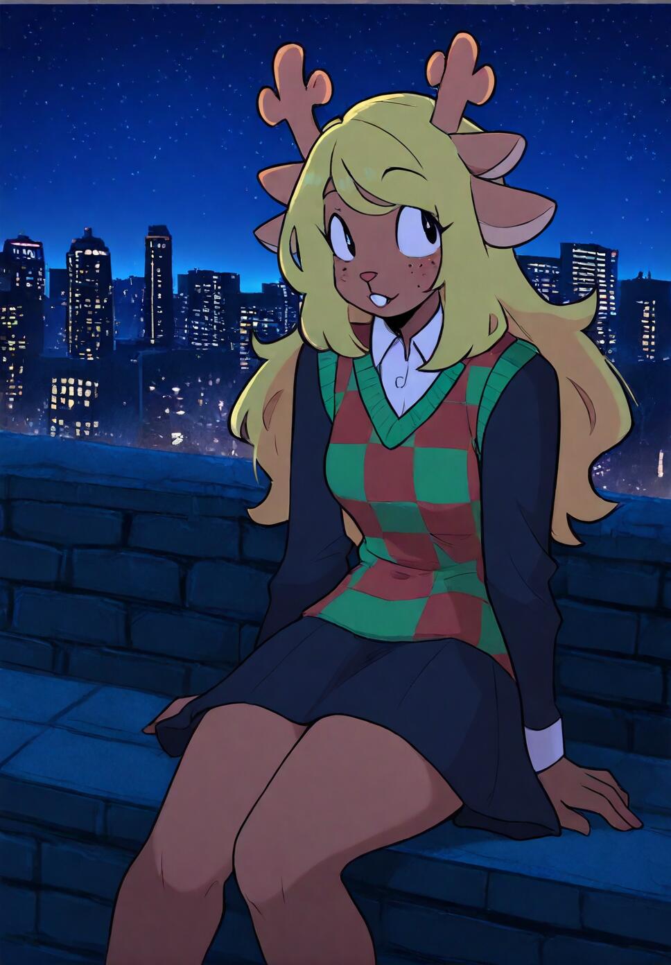 Noelle Holiday from Deltarune sitting on a brick wall in a city at night under a starry sky