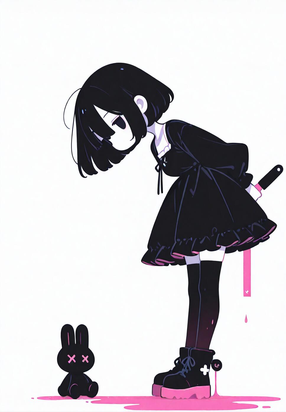 Monochrome minimalist illustration of Oc-chan in goth clothing next to a stuffed animal with a knife and pink blood.