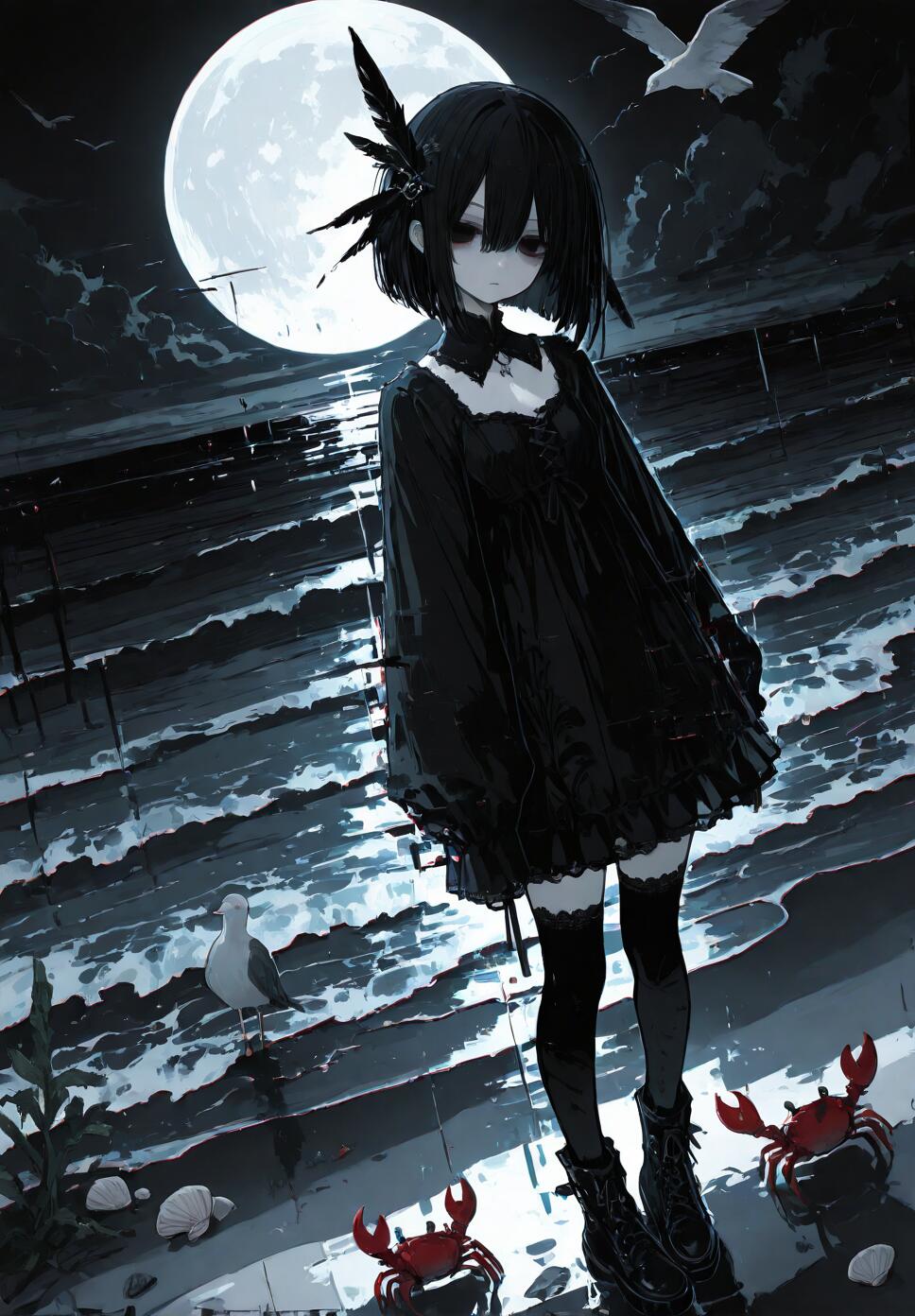 A girl with a black bob cut and gothic frilled dress standing on a moonlit beach with shells and a crab.