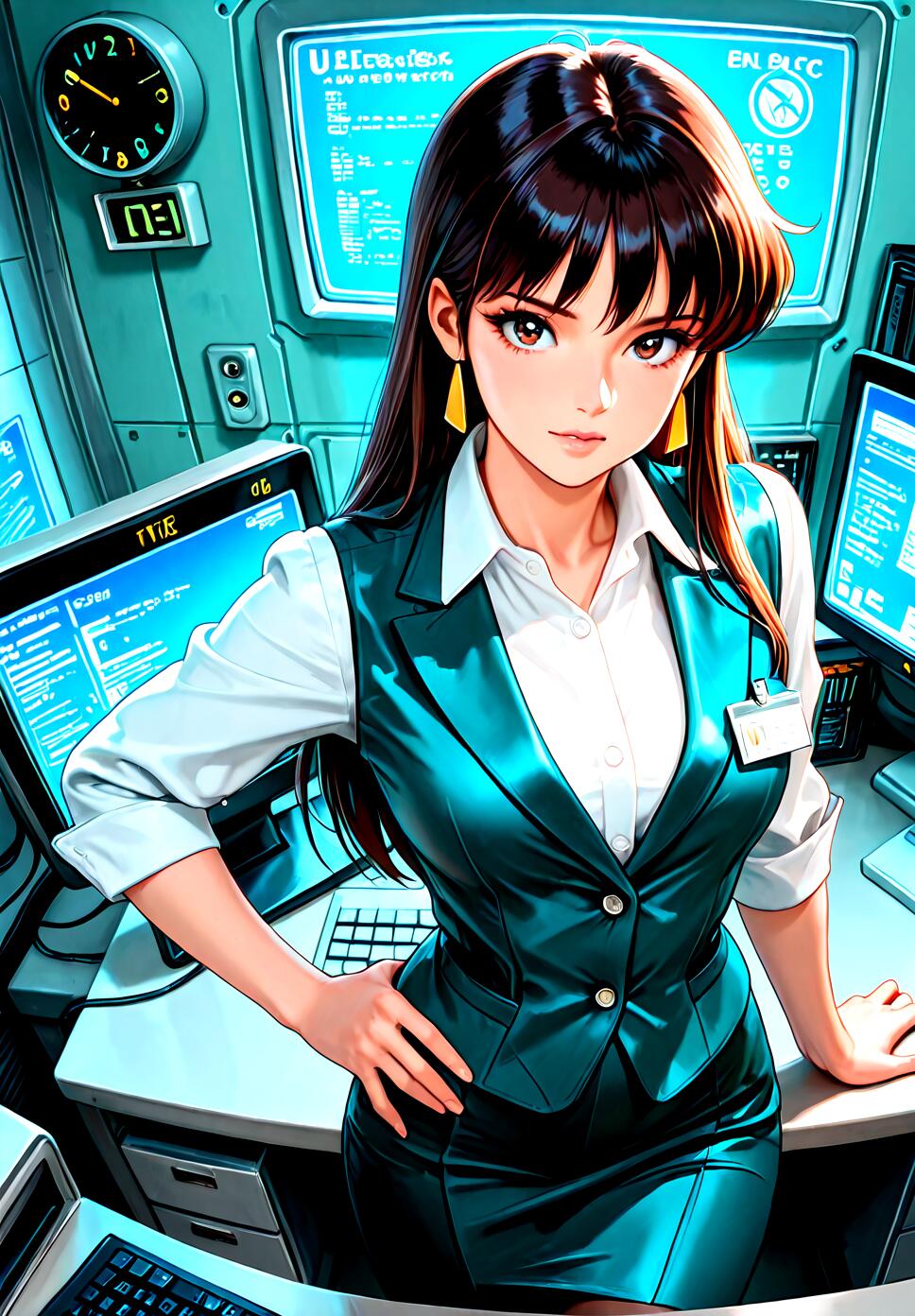 A torso shot of a woman in disheveled business clothing posing with one hand on her hip in a cluttered, retro-futuristic office setting.