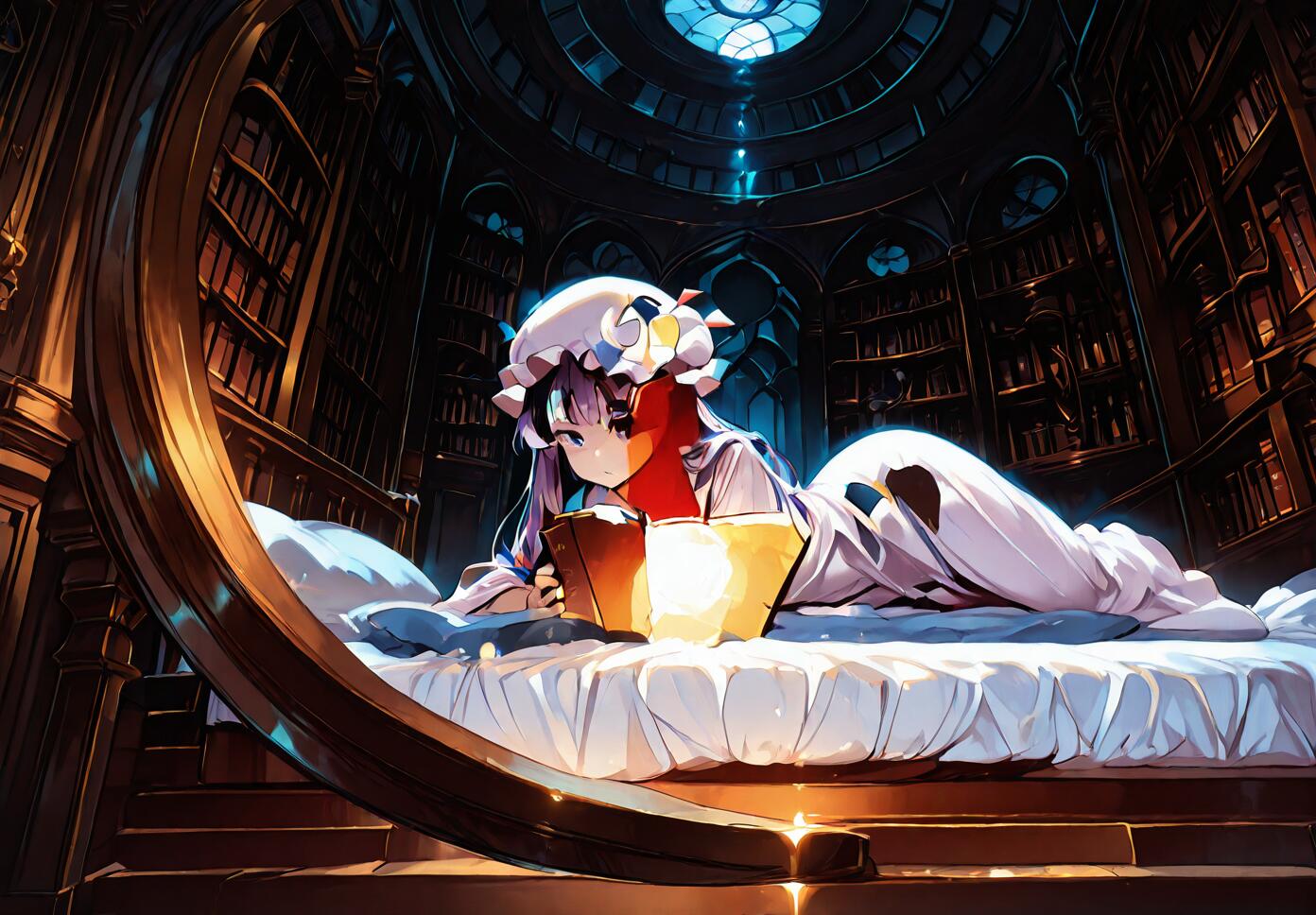 Patchouli Knowledge from Touhou Project lying on a bed in a magical tower, holding a book with a thoughtful expression under dramatic lighting.
