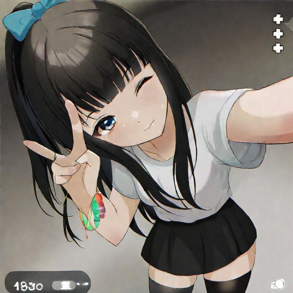 A high-angle selfie of a girl with long black hair, blunt bangs, a hair bow, a shirt, and thighhighs, winking with a head tilt.